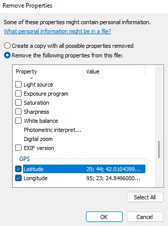 Screenshot shows properties